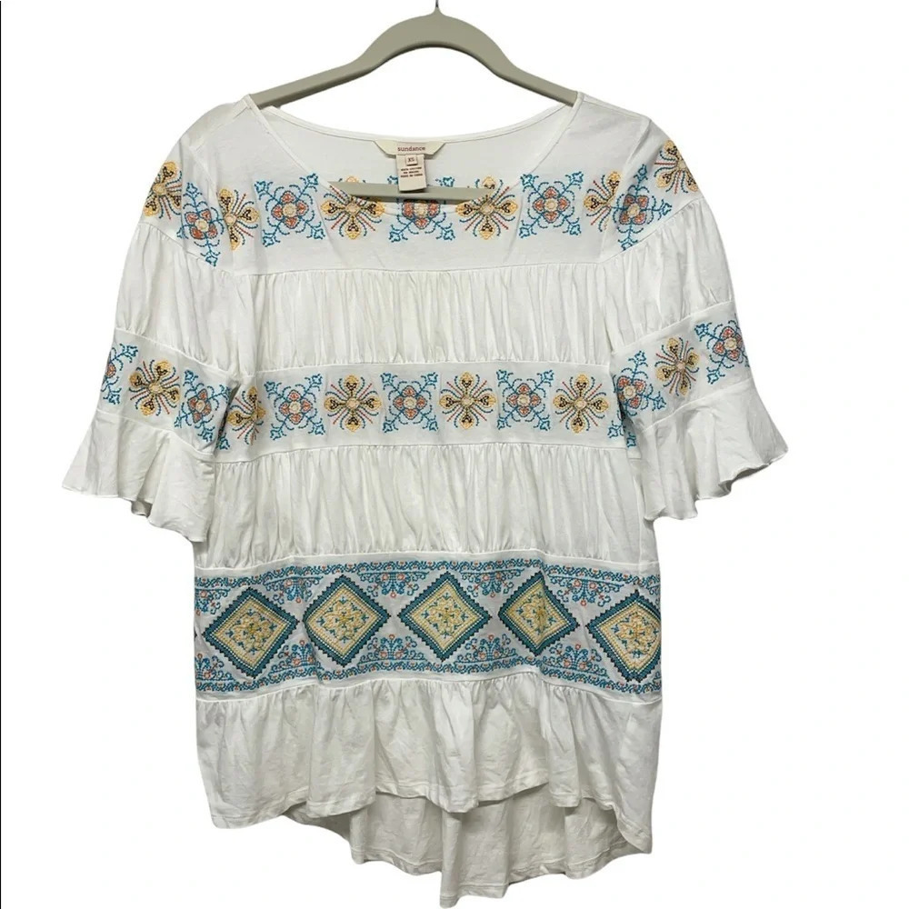 Cross Stitch Embroidered Sundance Blouse Boho Bohemian Asymmetric Hi Low ruffles